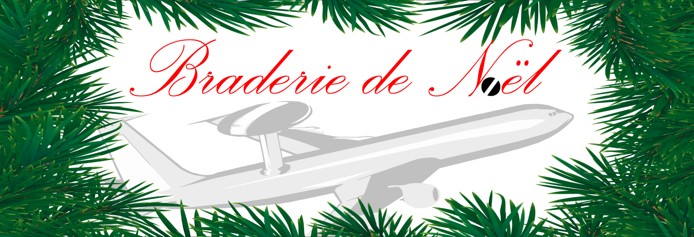 Bannière annoncant les ventes de Noël avec un AWACS E3-F en arrière-plan, bordé d'épines de sapin